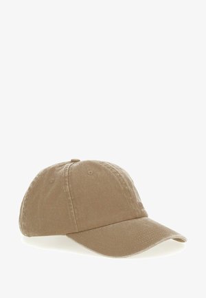 Cappellino da baseball in cotone khaki con visiera curva, texture morbida, design a sei pannelli e occhielli traspiranti per ventilazione.