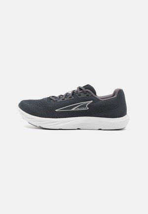 Dark gray running shoe with a mesh upper, reflective silver logo, rounded white outsole, and a cushioned collar for comfort.