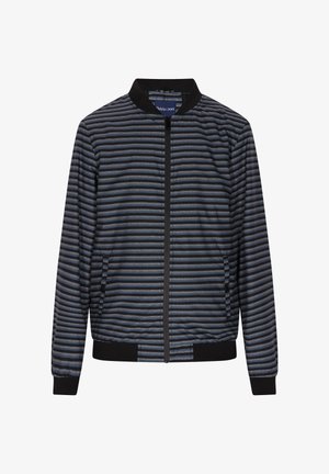 Giacca bomber da uomo con zip frontale, base blu Navy con sottili righe orizzontali grigie e blu, polsini e vita elastici. Tessuto morbido.