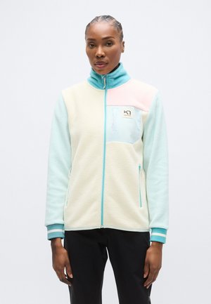 Chaqueta ligera de forro polar en colores pastel: crema, menta y rosa. Cuenta con un cuello alto, bolsillos con cremallera y puños acanalados con detalles en azul.