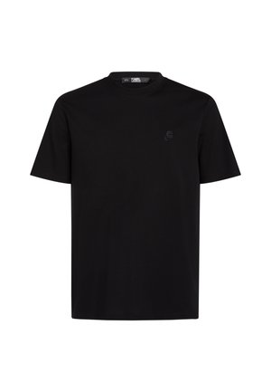Schwarzes T-Shirt aus weicher Baumwolle, mit Rundhalsausschnitt, kurzen Ärmeln und einem dezenten Logo aus passendem Stoff auf der Brust.