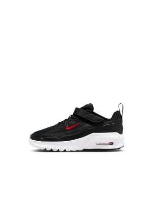 Sort atletiksko med rød Nike-swoosh, hvid polstret sål, mesh overdel og justerbar velcrolukning over forfoden.