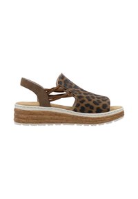 Leopard print wedge sandals with a brown suede back strap and crisscross detail. Cork midsole and white rubber outsole.