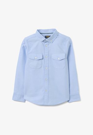 Lichtblauw langarmshirt van gladde stof, met een button-down kraag, twee borstzakken en witte knopen.