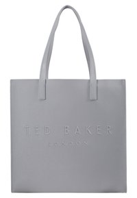 Szara torba typu tote od Ted Baker London z dwoma uchwytami i wytłoczonym logo na teksturowanej powierzchni, prostokątna forma.