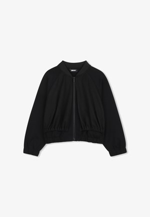 Veste bomber noire avec un devant en maille texturée, un col côtelé et des poignets et ourlet élastiqués. Fermeture zippée au centre devant.