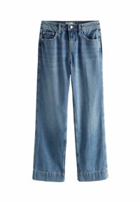 Ljusblå raka jeans gjorda av denim. Har två framfickor, knappstängning och lätt fransade fållar. Slät textur.