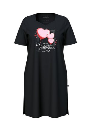 Vestido negro de manga corta con cuello en V, con un diseño gráfico en blanco y rosa que incluye globos en forma de corazón y el texto "sé mi Valentín".