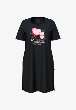 Czarna sukienka z krótkim rękawem i dekoltem w serek, z białym i różowym wzorem graficznym przedstawiającym balony w kształcie serca oraz napis "bądź moim Walentynem".