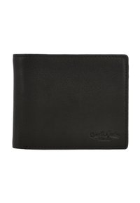 Black leather wallet with a smooth texture, bi-fold design, and embossed logo detail on the lower right corner.
