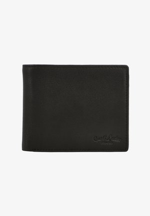 Mustmust kott, millel on sile tekstuur, kaheosalise disainiga ja rõhitud logo detail all paremas nurgas.