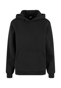 Hanorac negru cu glugă, mâneci lungi și buzunar kangaroo frontal, fabricat din material moale cu manșete și tiv nervurate.