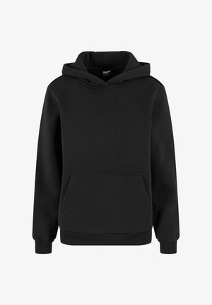 Juodas džemperis su gobtuvu ilgomis rankovėmis ir priekinė kišene kengūra, pagamintas iš minkštos medžiagos, turintis austa rankogalius ir apačią.