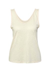 Ljust beige linne med rundad halsringning, tillverkat av texturerat tyg. Har subtila mönster och en kontrasterande ljus persikofärgad kant runt kanterna.