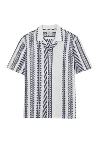 Chemise à manches courtes en blanc avec des motifs géométriques bleu marine. Dispose d'un col ouvert, d'un ourlet droit et d'un tissu léger.