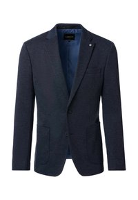 Donkerblauwe, gestructureerde blazer met een enkele knoopsluiting, notch revers, twee zijzakken en een lichtblauwe voering. Venti merklabel aan de binnenkant.