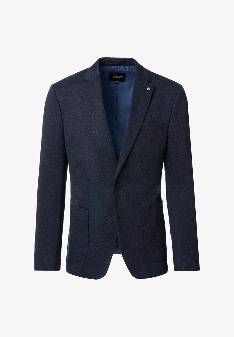 Donkerblauwe, gestructureerde blazer met een enkele knoopsluiting, notch revers, twee zijzakken en een lichtblauwe voering. Venti merklabel aan de binnenkant.