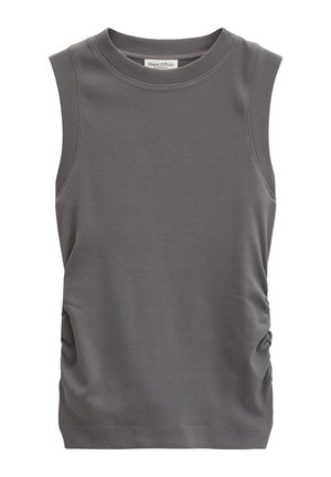 Haut sans manches en tricot côtelé gris foncé avec encolure ronde et détail froncé sur le côté.