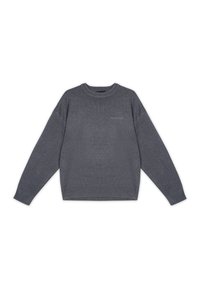 Szary sweter z dzianiny o okrągłym dekolcie, opuszczanych ramionach i ściągaczach przy mankietach. Z subtelnym logo na przodzie. Miękka tekstura.