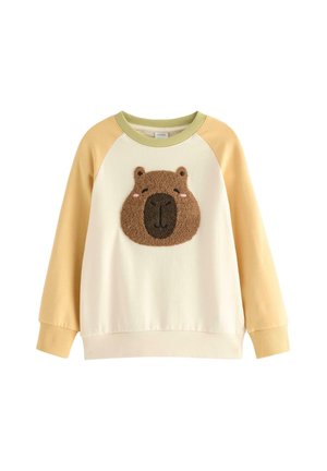 Kremowa bluza z żółtymi i zielonymi akcentami. Z przodu ozdobiona fakturowanym motywem twarzy niedźwiedzia, który dodaje głębi i zainteresowania wizualnego.