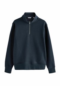 Pullover in pile blu scuro, colletto a mezza zip, maniche lunghe, polsini e orlo a coste, texture morbida, design semplice.