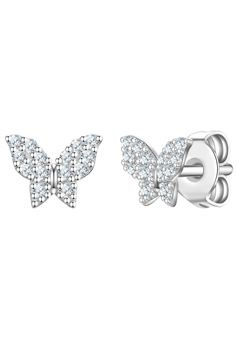 Pendientes de botón en forma de mariposa de plata con múltiples pequeñas piedras preciosas transparentes, con un diseño detallado en las alas y un respaldo suave para un uso seguro.