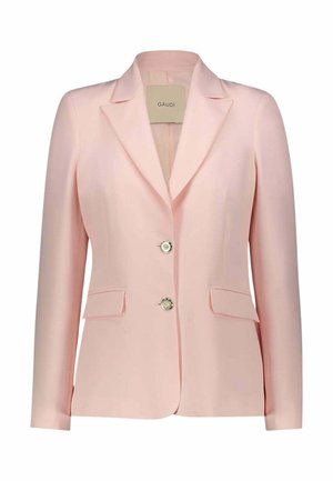 Blazer da donna rosa chiaro con due bottoni argentati, rever a incavo e tasche con patta, mostrato su sfondo bianco.