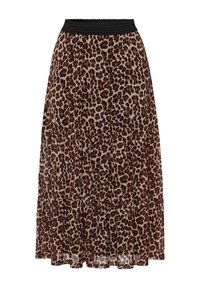 Longue jupe avec motif léopard marron et noir et large ceinture élastique noire, design à volants avec texture fluide.