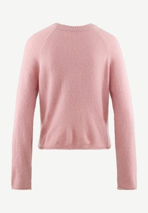 Maglione rosa, corto, con maniche lunghe e tessuto texture. Collo rotondo e dettagli delle cuciture sulle spalle. Aspetto morbido e peloso.