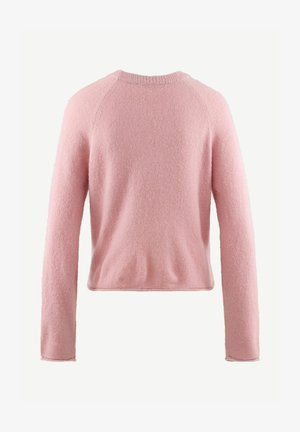 Rosa, verkürzter Pullover mit langen Ärmeln und strukturiertem Stoff. Runder Halsausschnitt und Nahtdetails an den Schultern. Weiches, flauschiges Aussehen.
