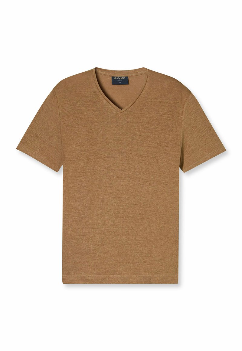 T-shirt marrone a collo a V realizzato in tessuto morbido, con maniche corte, una vestibilità comoda e una texture liscia senza motivi o dettagli.