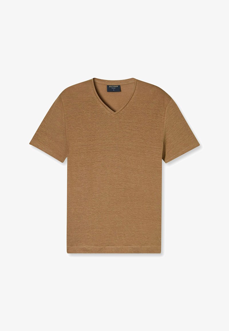 T-shirt marrone a collo a V realizzato in tessuto morbido, con maniche corte, una vestibilità comoda e una texture liscia senza motivi o dettagli.