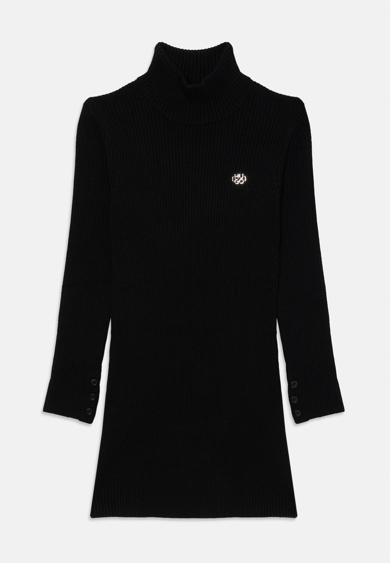 Black ribbed turtleneck sweater with long sleeves, featuring cuff buttons and a small logo. Soft texture and fitted design.