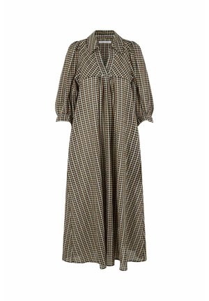 Długa brązowo-beżowa sukienka w kratę z bufkami na trzy czwarte rękawa, kołnierzykiem i luźnym, swobodnym krojem.