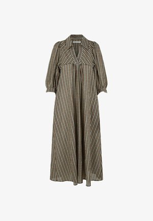 Lange jurk met bruin-beige ruitpatroon, driekwartsmouwen met pofmouwen, kraag en losse, vloeiende pasvorm.