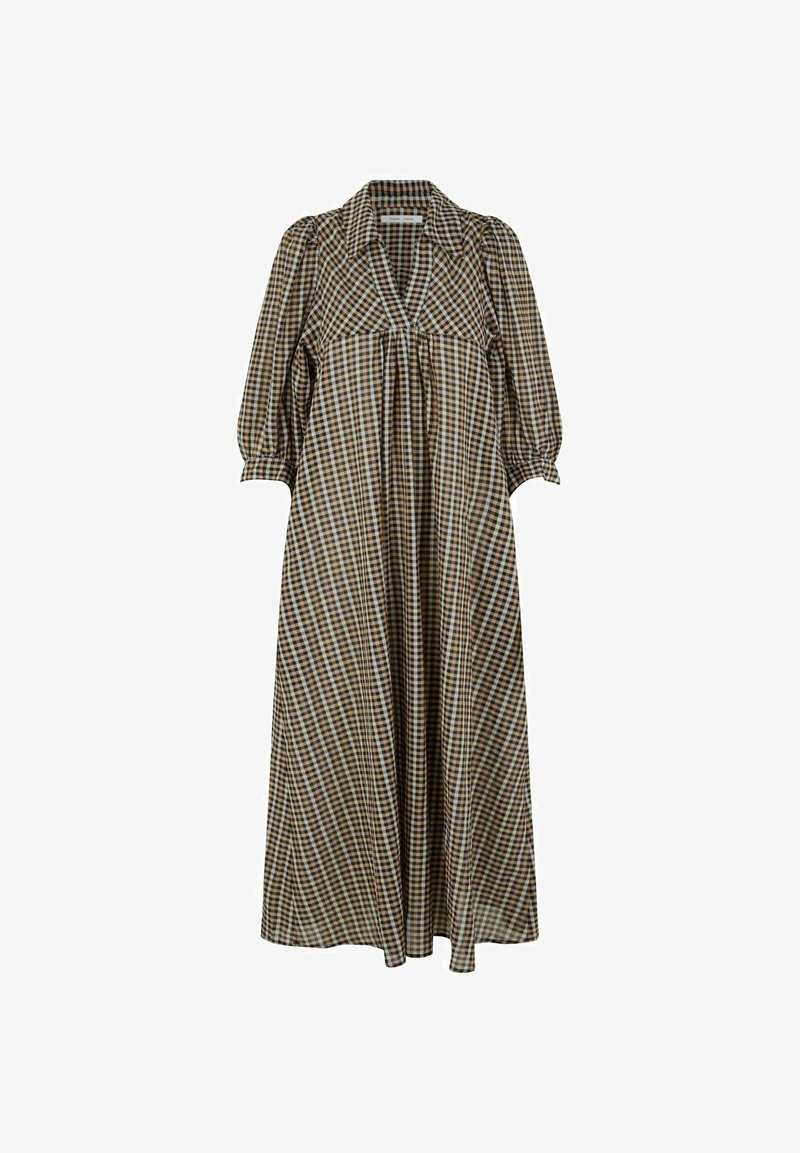 Robe longue à carreaux marron et beige avec manches trois-quarts bouffantes, col et coupe ample et fluide.