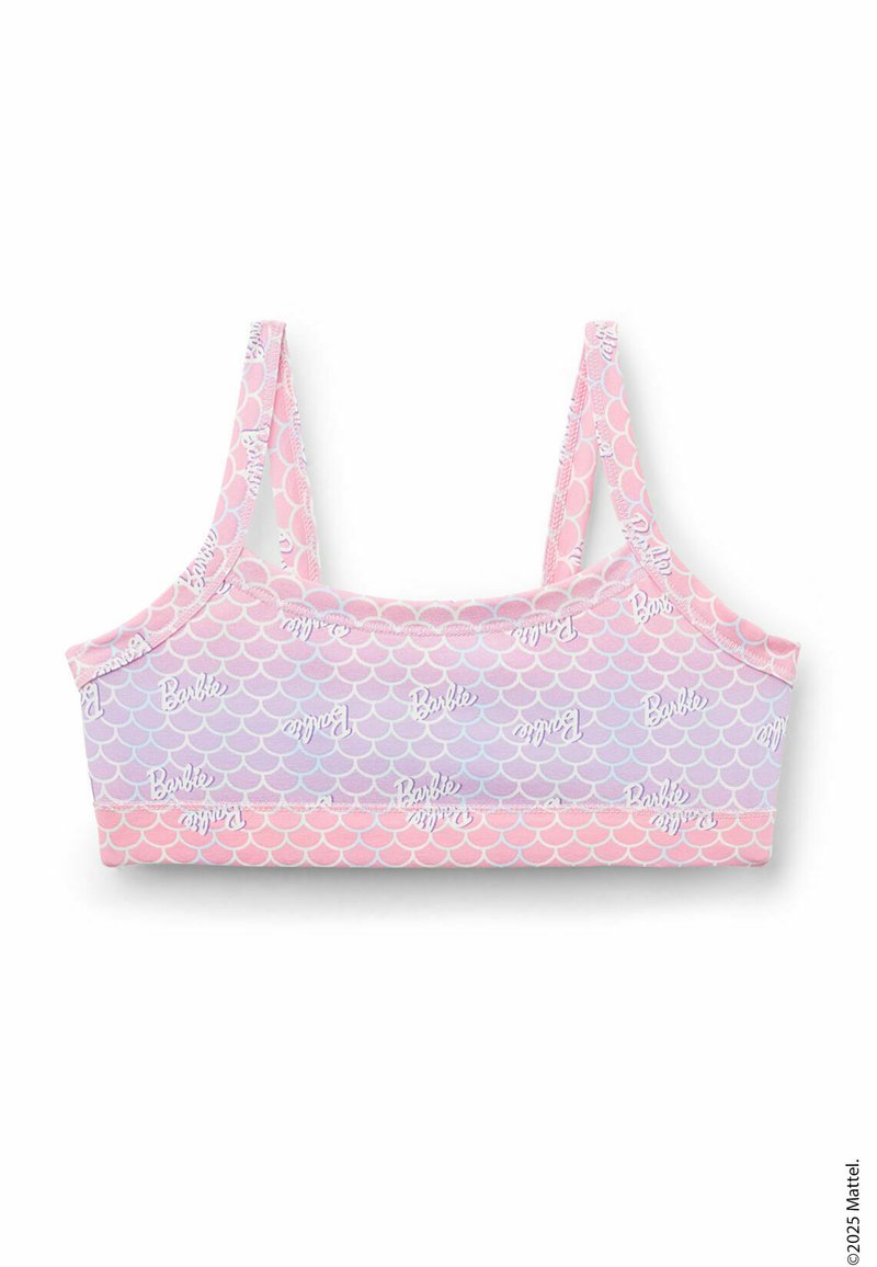Světle růžový bralette s vzorem mořské panny, zdobený bílým nápisem "Barbie". Měkká látka, nastavitelné ramínka a přiléhavý střih.
