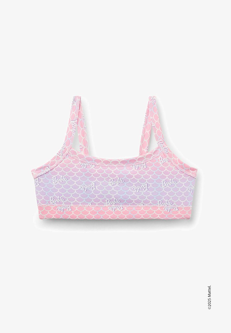 Světle růžový bralette s vzorem mořské panny, zdobený bílým nápisem "Barbie". Měkká látka, nastavitelné ramínka a přiléhavý střih.