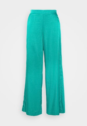 Pantaloni larghi turchesi con una texture liscia, vita alta e cuciture minime per un aspetto pulito e slanciato.