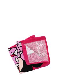 Růžový ručník s designem Minnie Mouse, s texturovaným povrchem, černobílými akcenty a pevně růžovým okrajem. Barevný a vzorovaný.