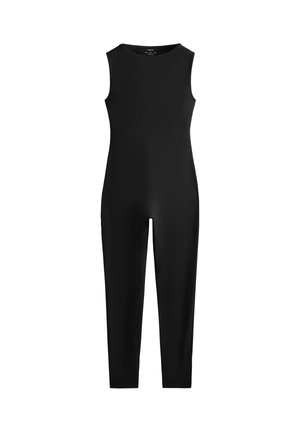 Crni jednodijelni kombinezon bez rukava, uskog kroja, s glatkom mat teksturom i hlačnicama do gležnjeva. Bez dodatnih ukrasa ili uzoraka.