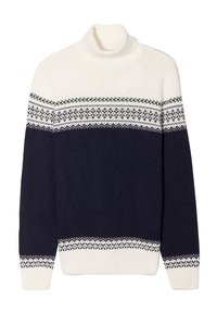 Pull à col roulé bleu marine et crème avec une bande à motif sur la poitrine, fabriqué en maille douce et texturée. Poignets et ourlet côtelés.