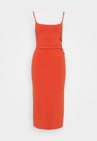 Orange midi dress with thin spaghetti straps, fitted silhouette, and smooth texture. Ribbed detailing at the waist.