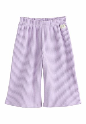 Pantaloni larghi in maglia a coste color lilla con girovita elastico e piccola etichetta di stoffa sul lato destro.