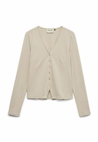 Cardigan beige à manches longues avec boutons et col en V, en tissu doux, taille moyenne de la marque AWARE.