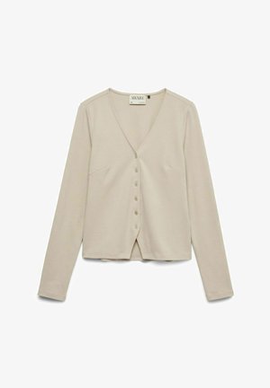 Beige langermet knappet cardigan med V-hals, laget av mykt stoff, merket medium størrelse fra merkevaren AWARE.