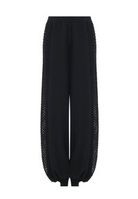 Zwarte wijde broek met textuur mesh zijpanelen en elastische boorden en tailleband.