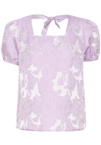 Blusa corta a maniche corte in jacquard lilla con maniche a palloncino, scollatura quadrata e dettaglio con laccio sulla schiena.