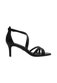 Mustad nahast kontsaga sandaalid ristatud rihmadega, avatud varvaga ja õhukese stilettokontsaga. Sile tekstuur ja minimalistik disain.