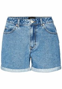 Vaaleansiniset farkkushortsit, korkeavyötäröiset, käännetyt lahkeet, viisi taskua ja etupuolella hopeinen nappisuljenta. Pehmeä materiaali, klassinen malli.